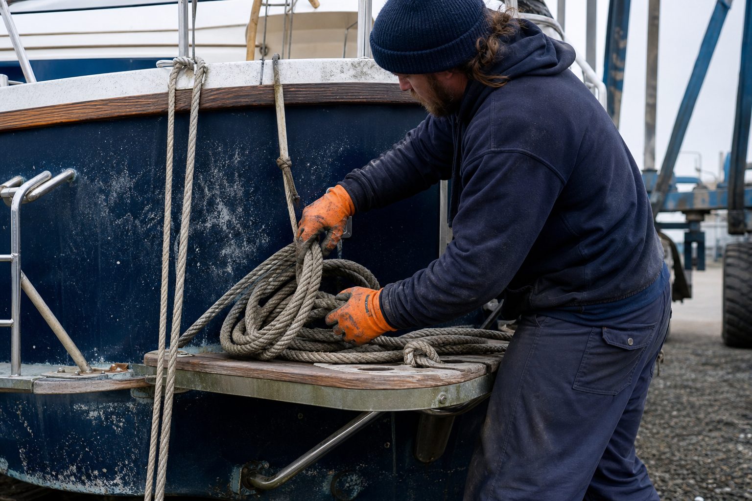A deckhand in orange gloves coiling heavy line on the transom of a navy hulled charter boat in a boatyard.