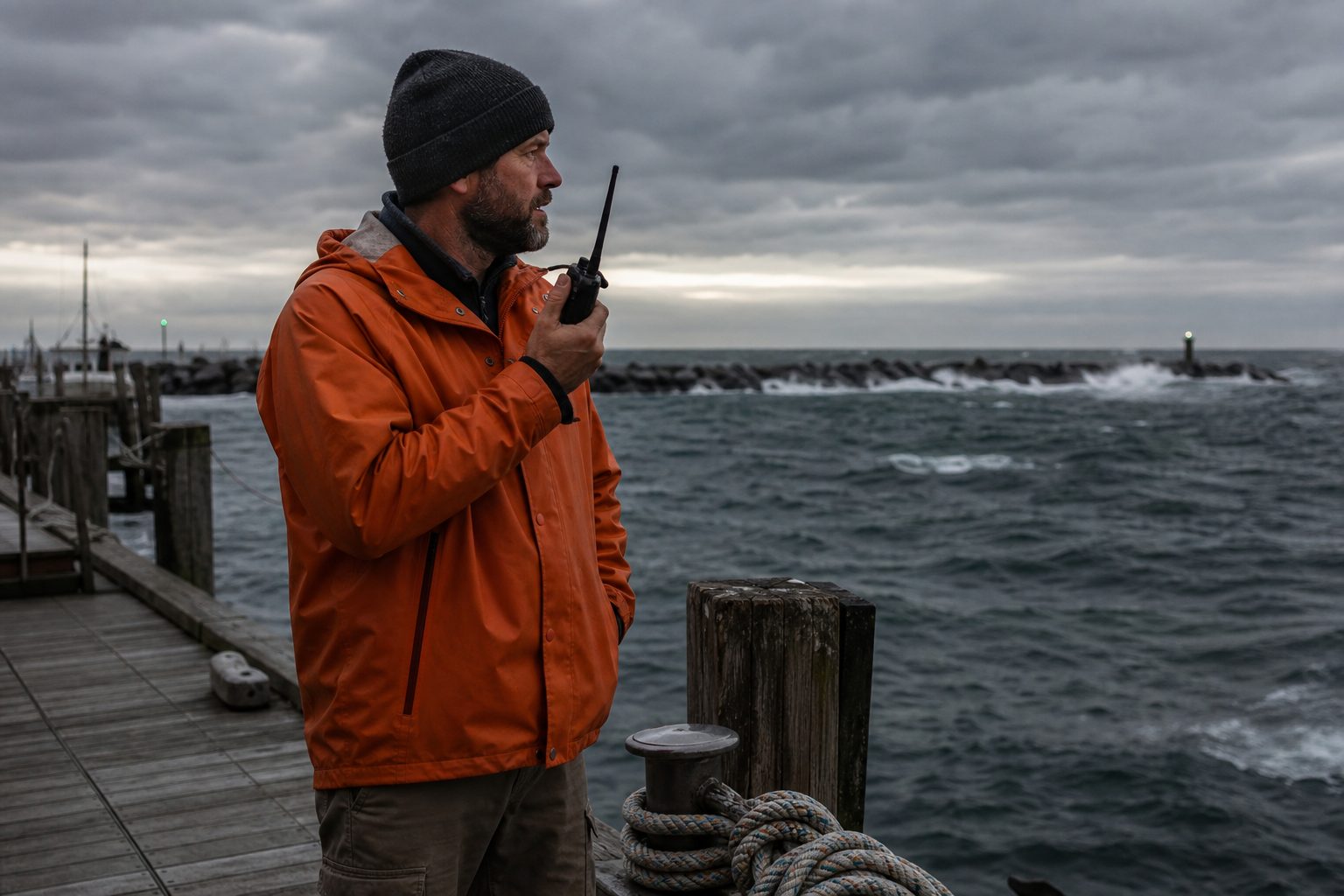 Charter captain on a weathered dock at dawn checking the weather as whitecaps break past the harbor breakwater.
