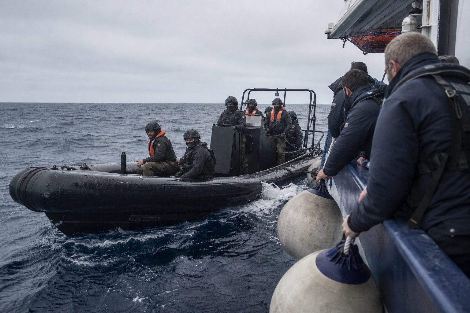 A rigid inflatable patrol boat coming alongside a charter boat offshore as the crew stands by the gunwale.