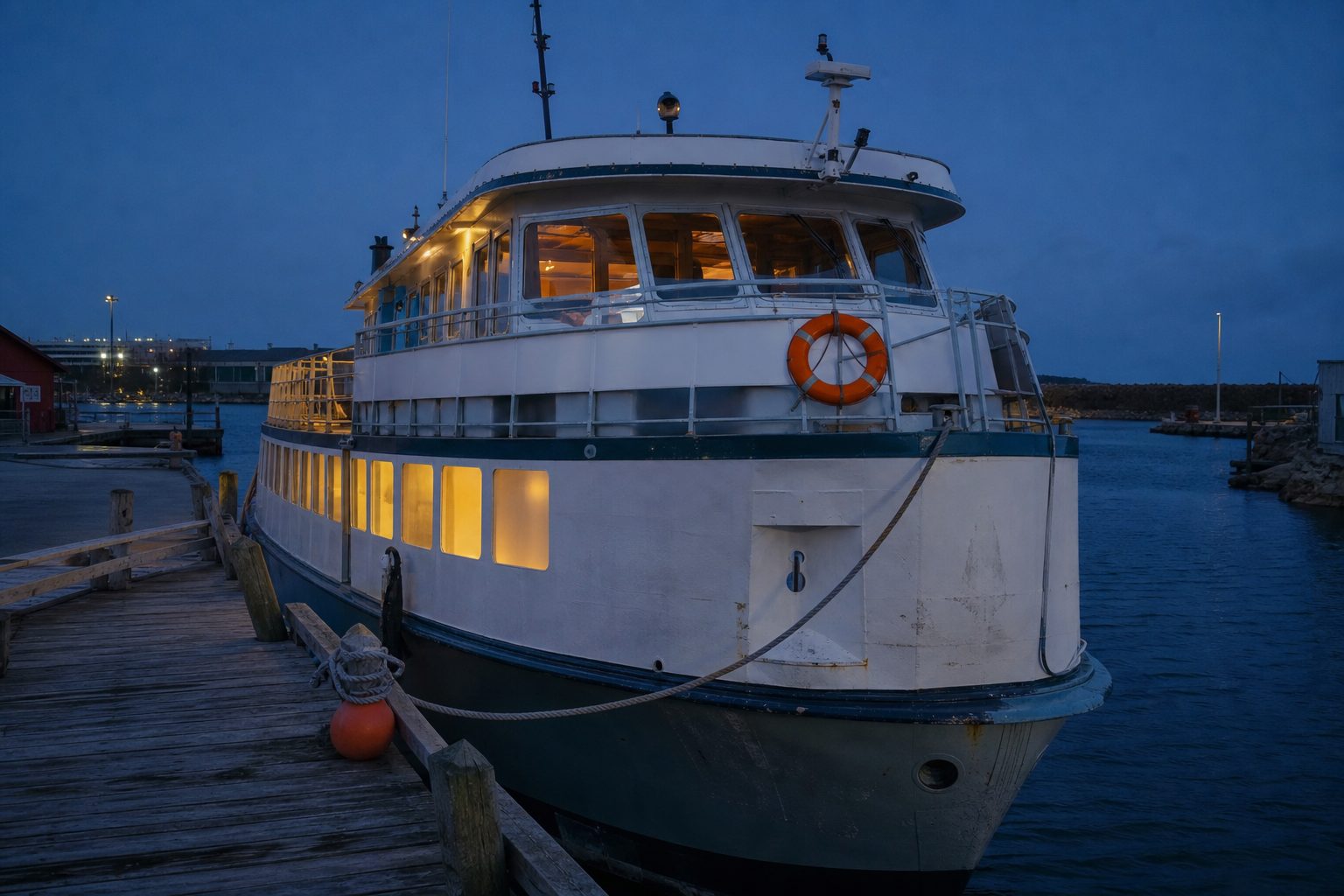 A small passenger tour vessel moored at dusk with cabin lights glowing and a life ring lashed to the rail.