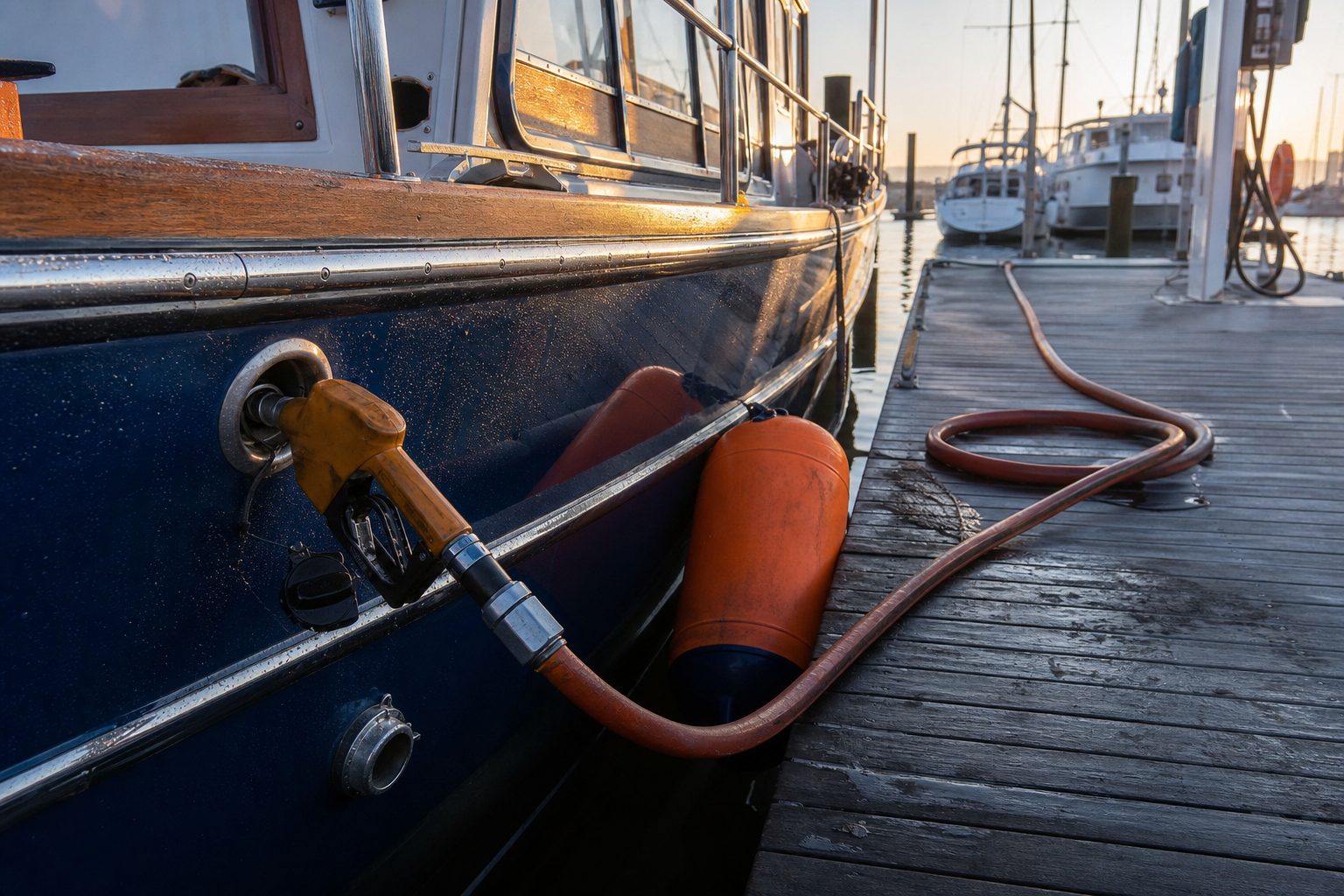 A fuel hose seated in the deck fill of a navy hulled charter boat at a harbor fuel dock in early morning.