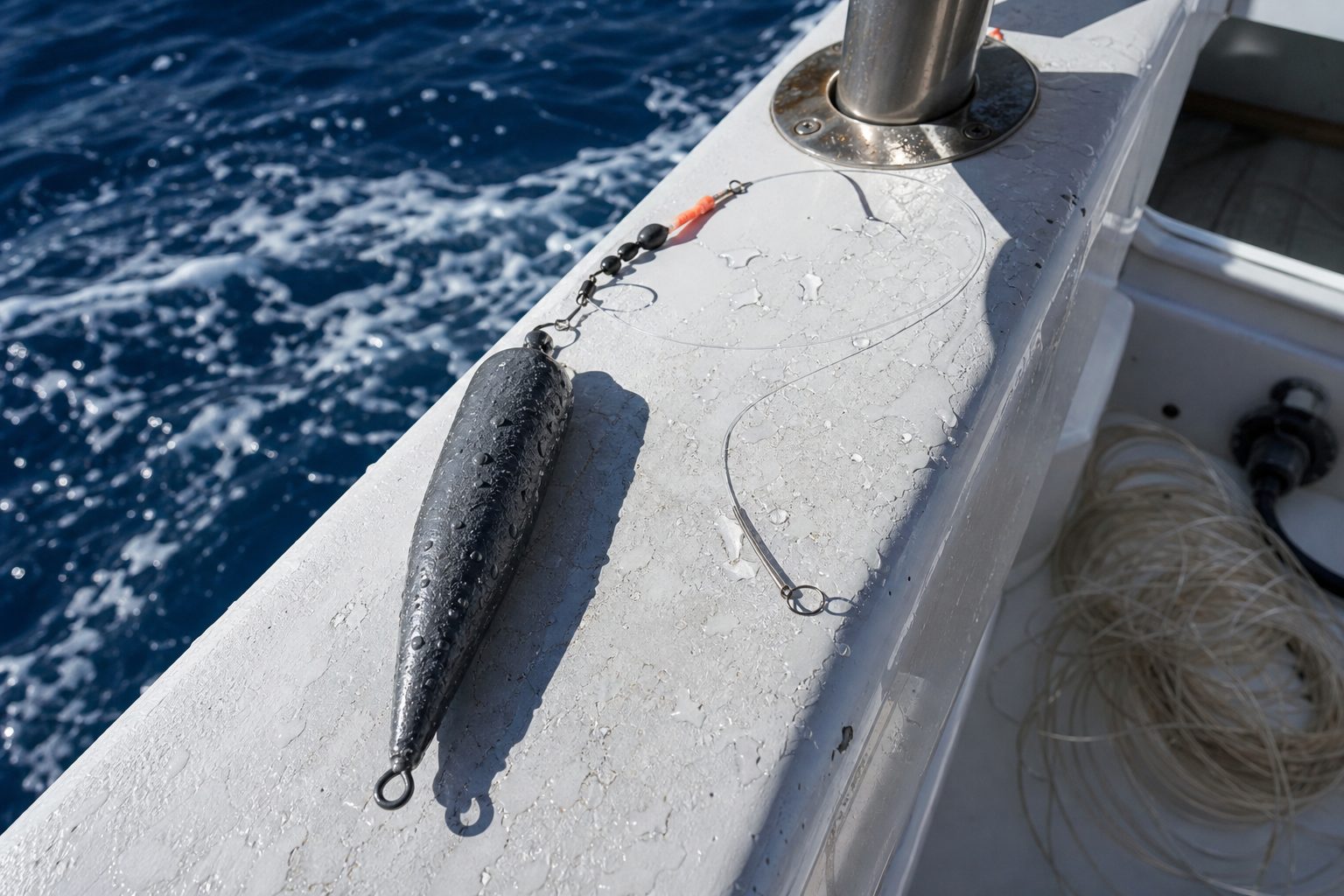 A weighted descending device and leader resting on the wet gunwale of a charter boat with open ocean beyond.