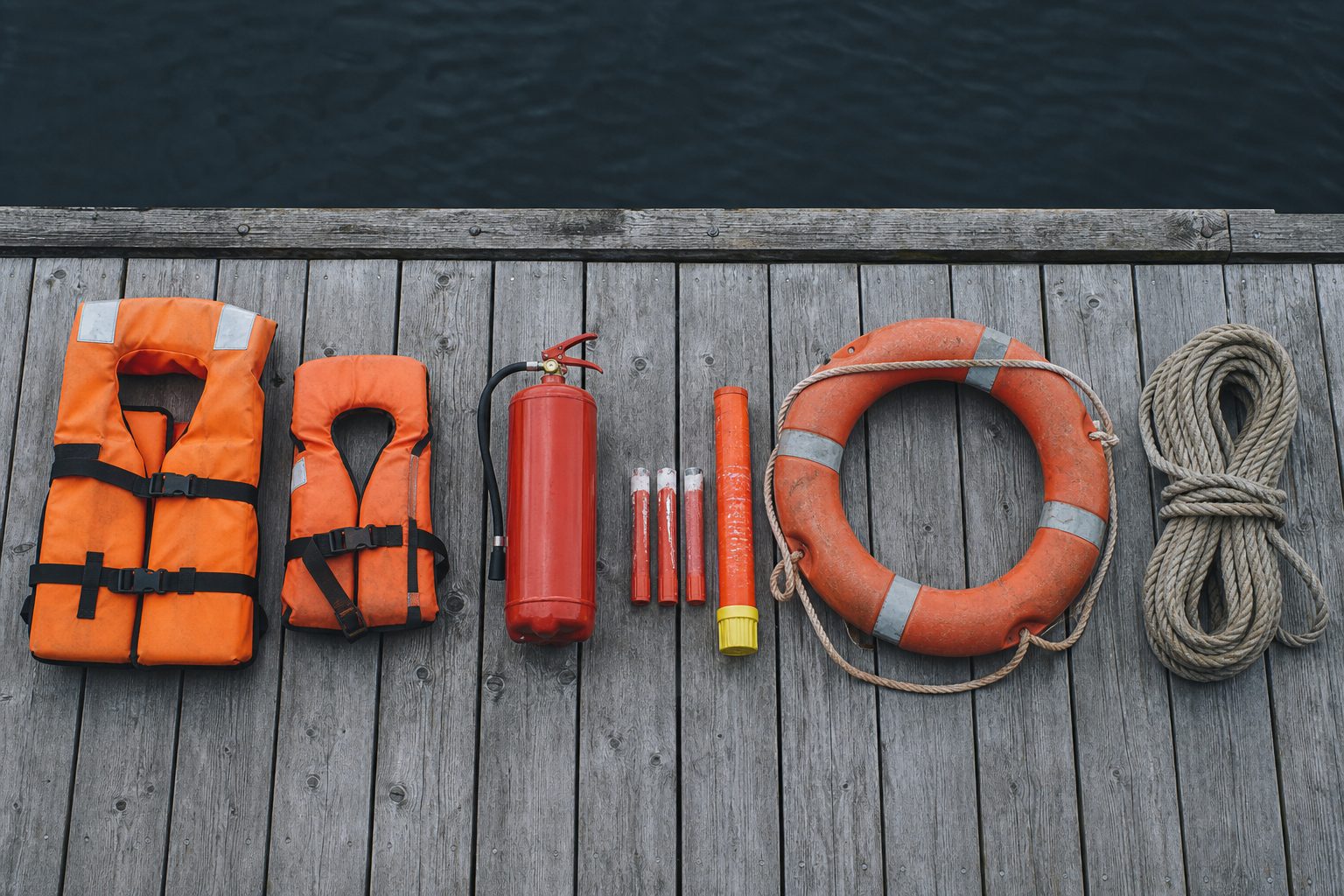 Life jackets, flares, a fire extinguisher and a coiled rope laid out on weathered gray dock boards.