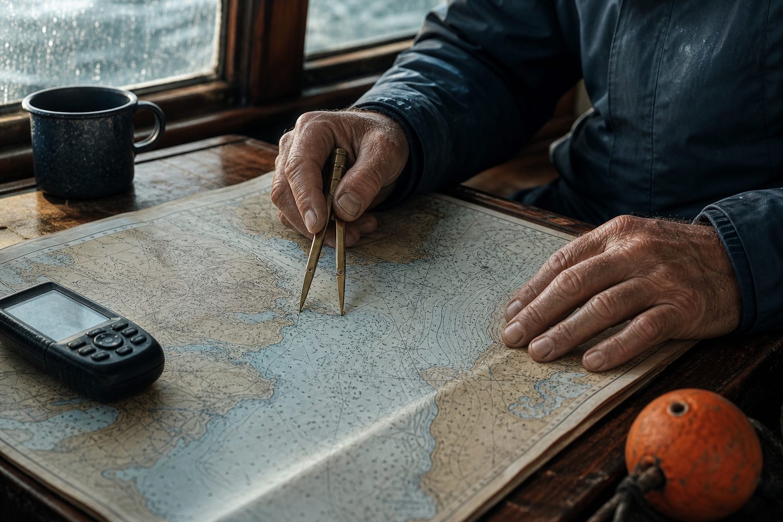 A captain's hands and brass dividers on a folded paper nautical chart at a cabin table in morning light.