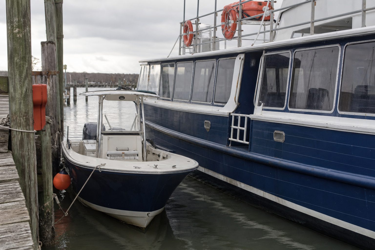 A six passenger center console tied alongside a larger inspected tour vessel at a weathered harbor dock.
