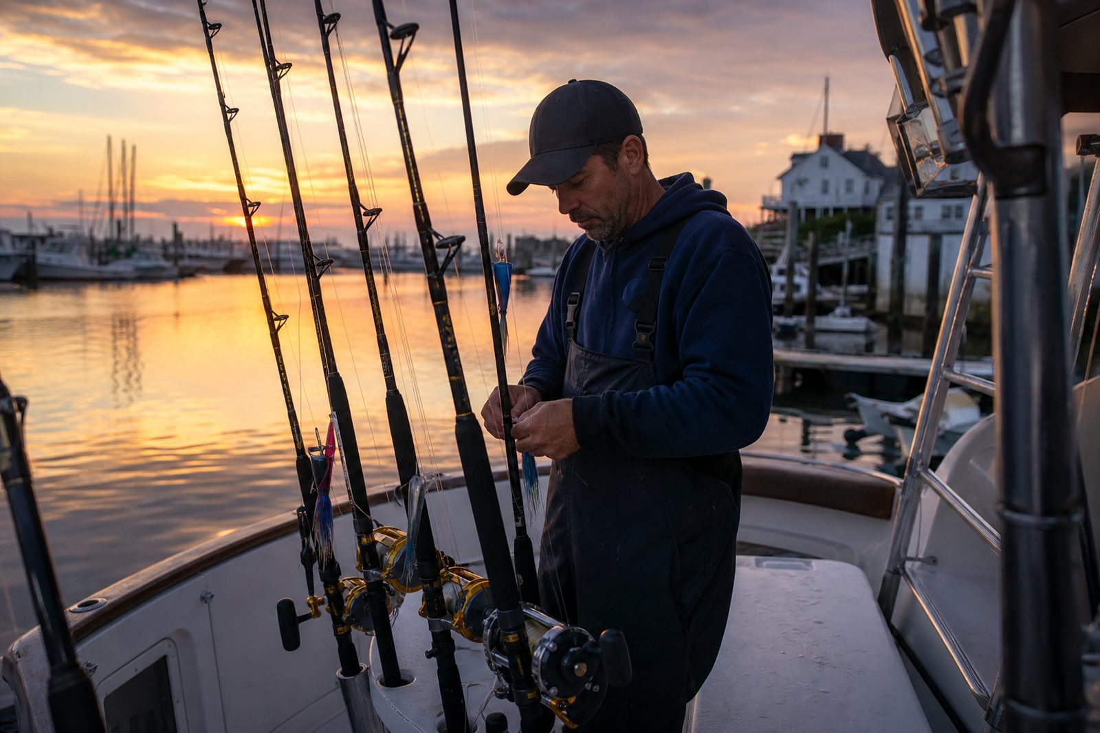 Charter fishing captain rigging trolling rods on the deck of a sport fishing boat tied up at a harbor dock at sunrise